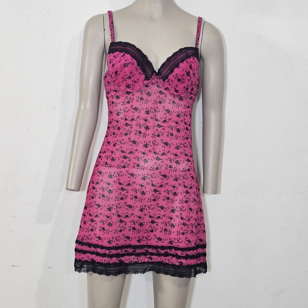 Derek Rose Pink Sheer Lace Detail Babydoll Sz L Lingerie Strech Sexy Romantic